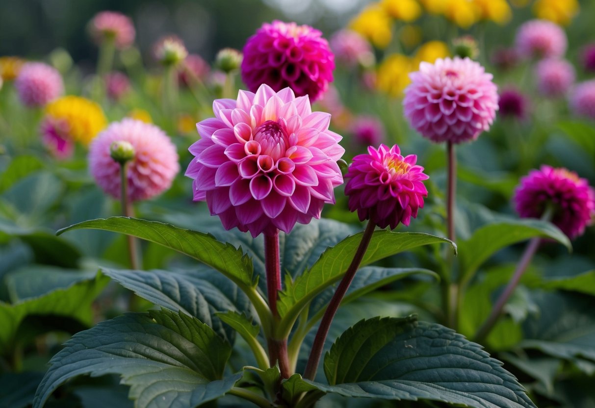 A dahlia plant grows from a small tuber, sprouting green stems and leaves. It then produces vibrant, colorful flowers before the plant eventually dies back in the winter