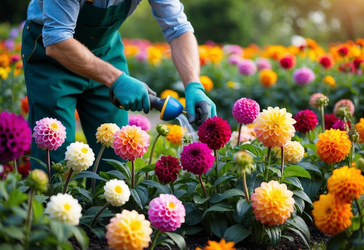 A gardener tends to a bed of colorful dahlias, pruning and watering the plants with care