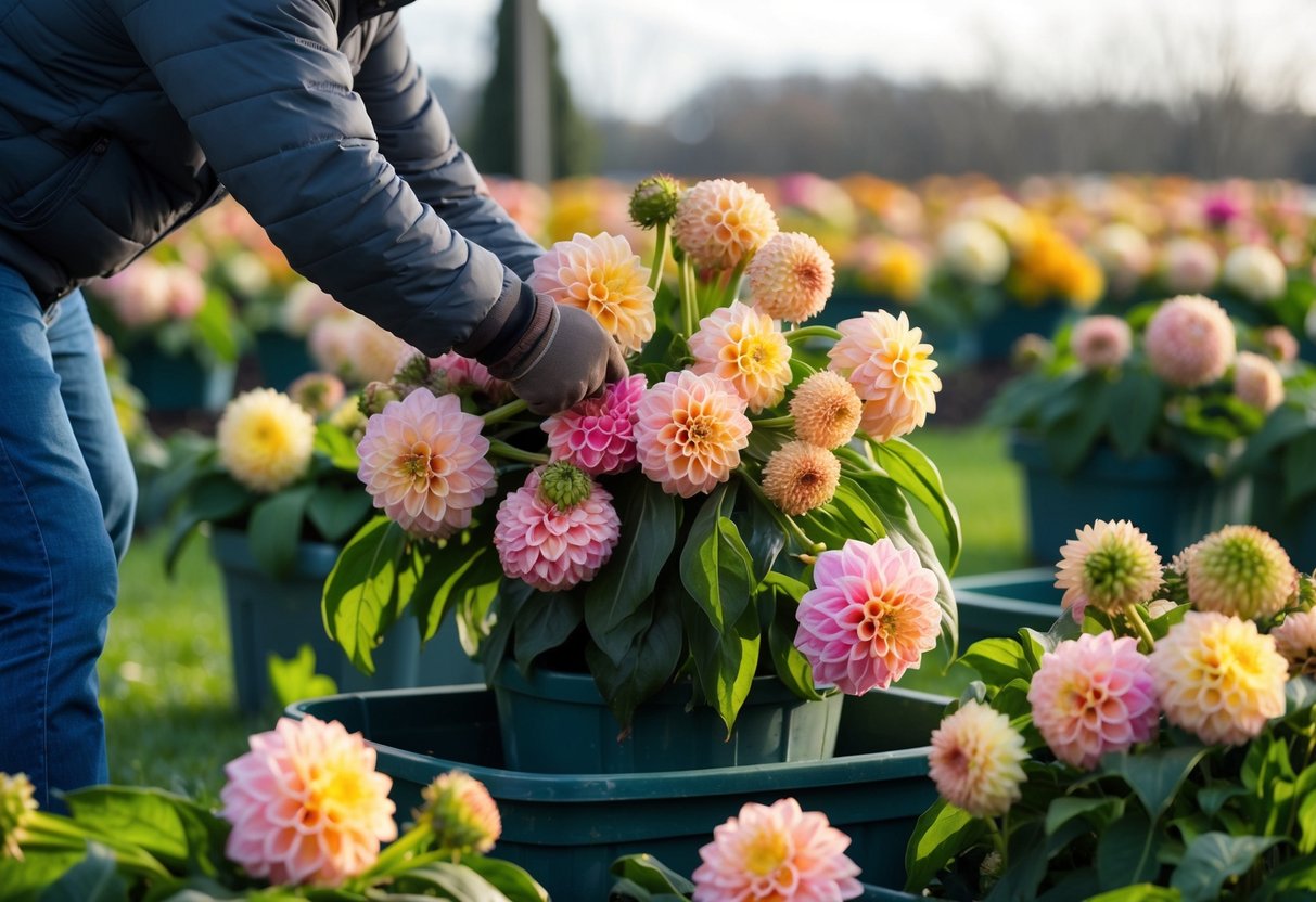 Dahlias being carefully lifted from the ground, trimmed, and placed in storage for the winter