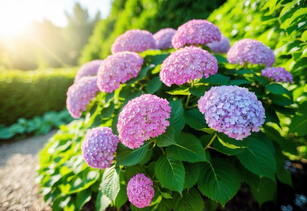 A vibrant, blooming hydrangea bush stands in a well-maintained garden, surrounded by lush green foliage and bathed in soft sunlight