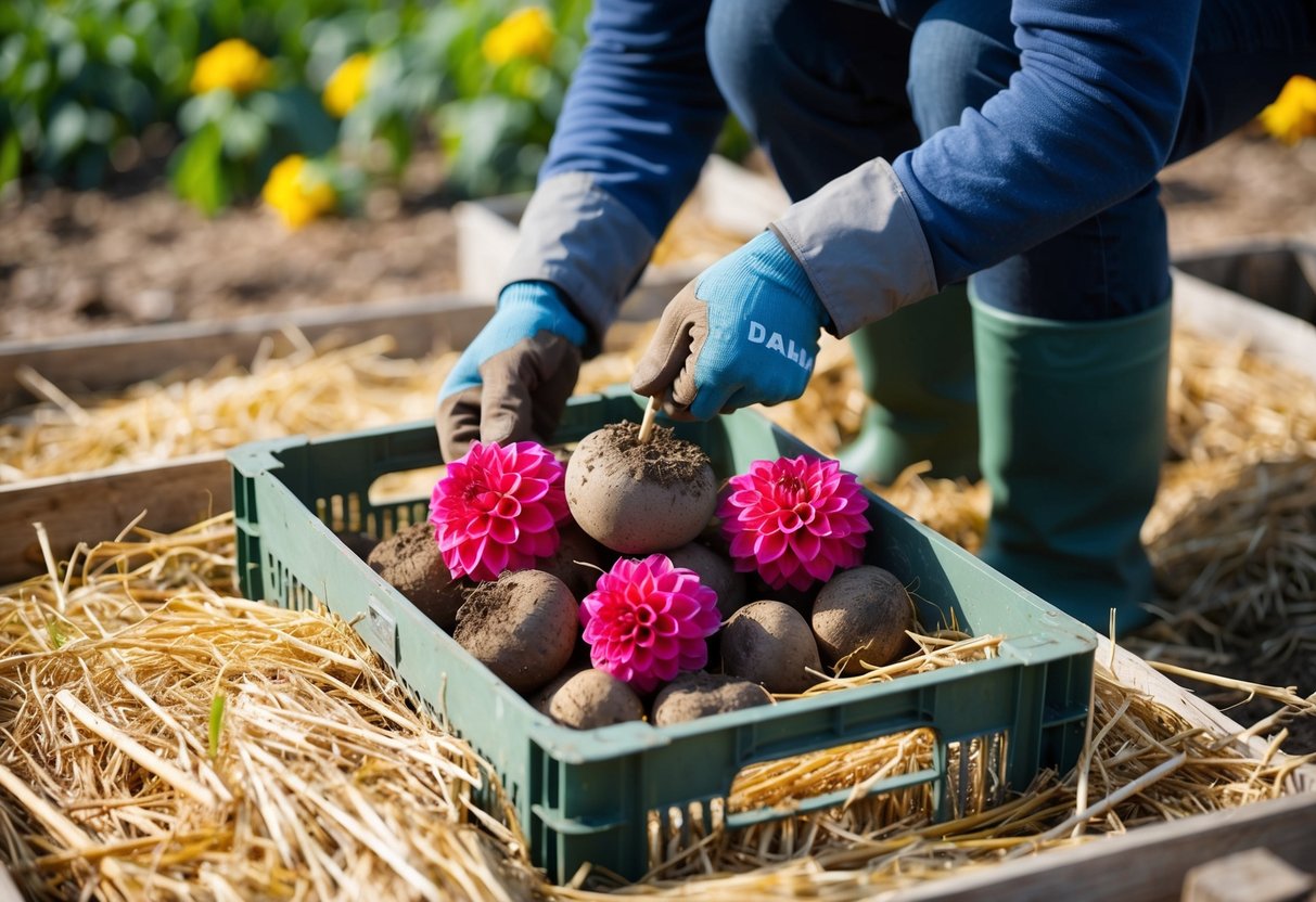 Dahlia tubers being carefully dug up and placed in a crate with straw for winter storage