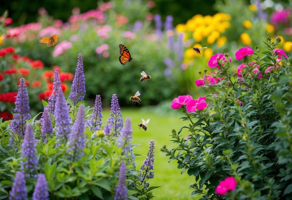 A vibrant garden with a variety of flowering shrubs, attracting butterflies, bees, and birds