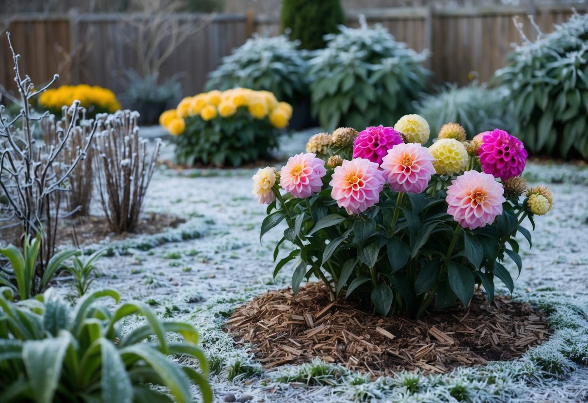 A garden scene with dahlias covered in a thick layer of mulch, surrounded by frost-covered earth and dormant plants