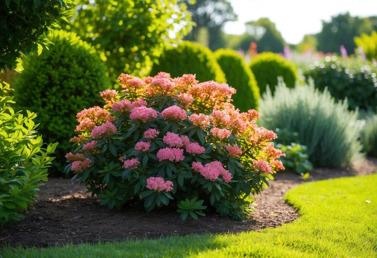 A vibrant, low-maintenance flowering shrub thrives in a well-tended garden, surrounded by lush greenery and basking in the warm sunlight