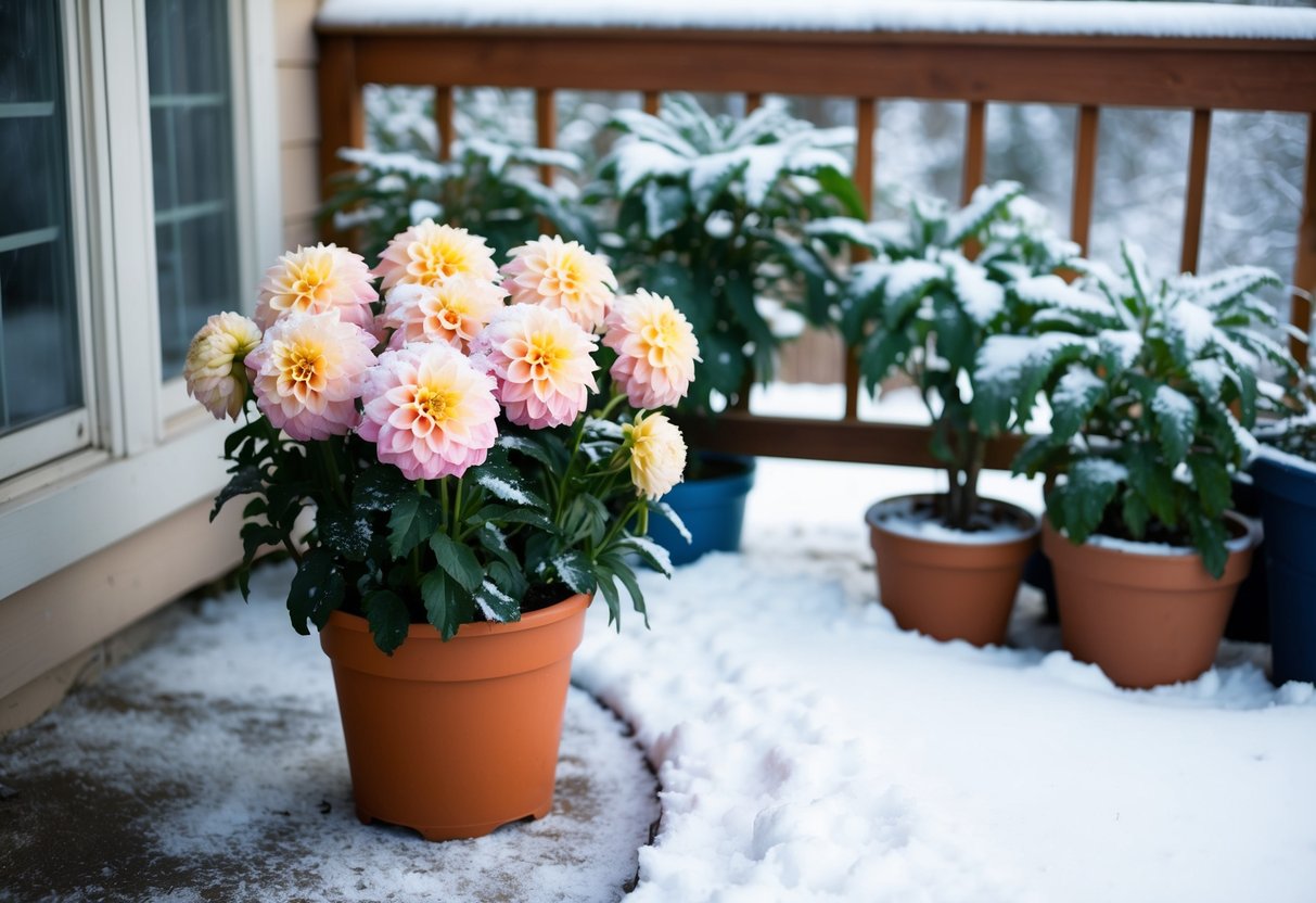 A container-grown dahlia sitting on a porch, surrounded by other potted plants. Snow covers the ground, and a frosty chill hangs in the air