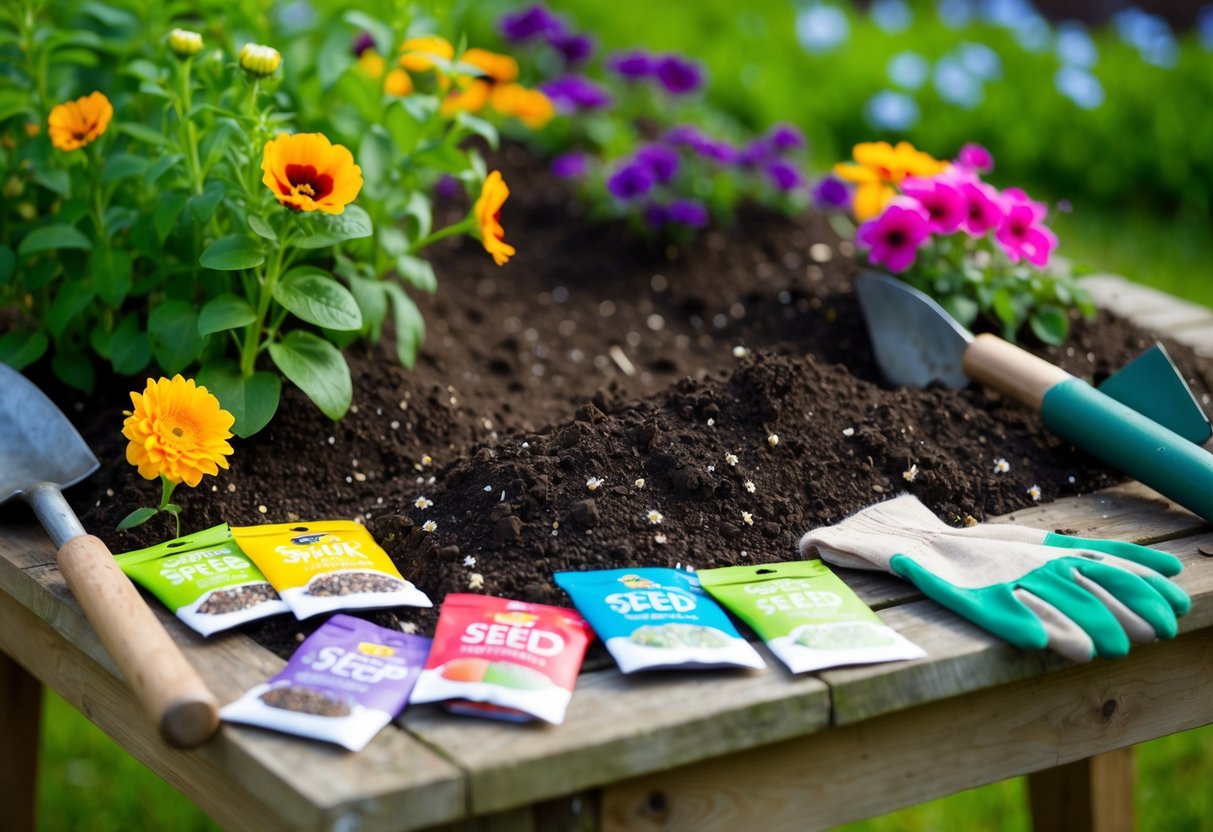 A garden with freshly turned soil and a variety of flower seed packets scattered on a wooden table. A spade and gardening gloves lay nearby