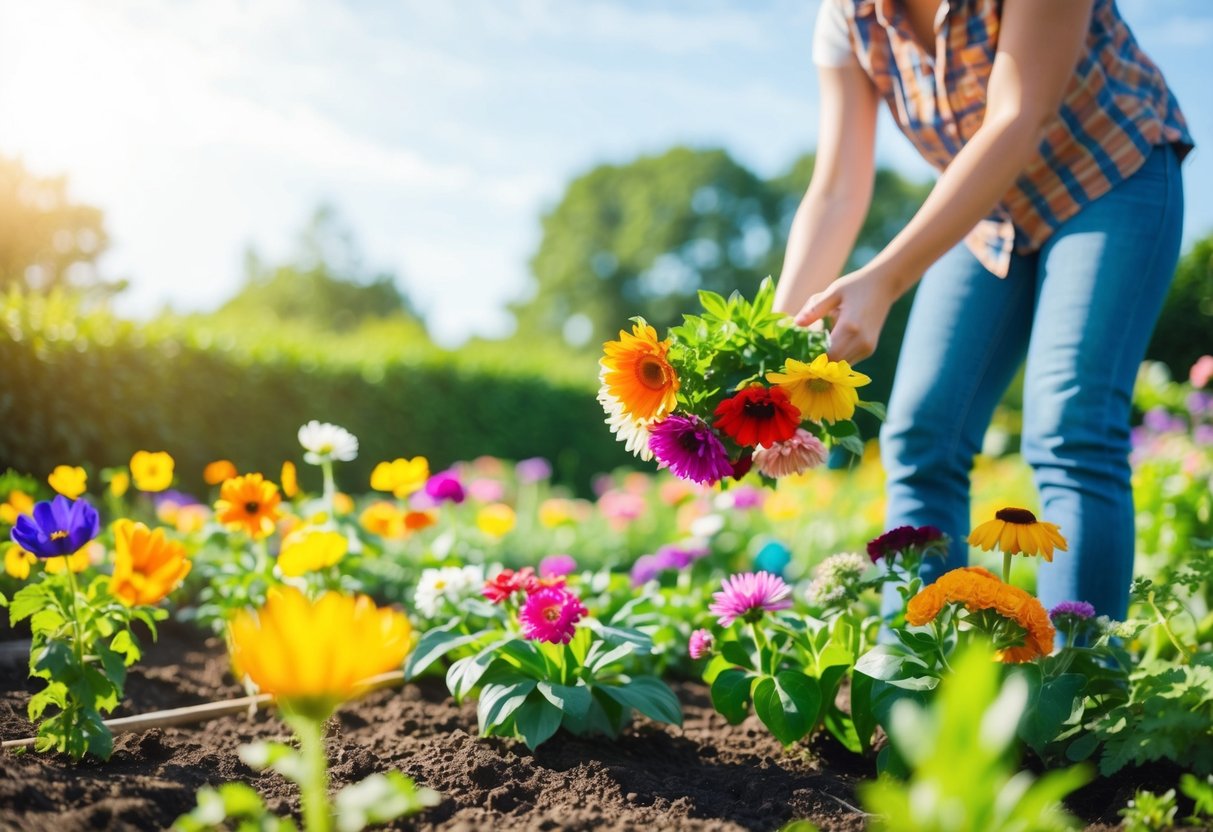 A person standing in a garden, holding a variety of colorful flowers and considering where to plant them. The sun is shining, and the air is filled with the scent of fresh earth