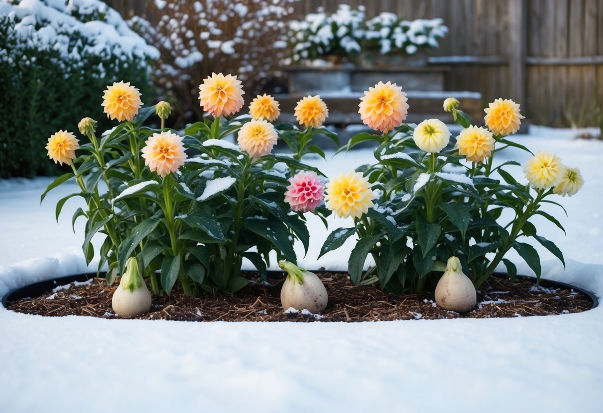 A garden bed with snow-covered soil, dormant dahlia tubers, and frost-resistant mulch