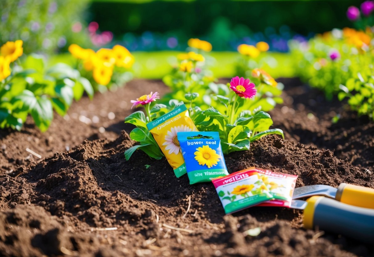 A sunny garden with freshly tilled soil, ready for planting. Brightly colored flower seed packets and gardening tools scattered nearby