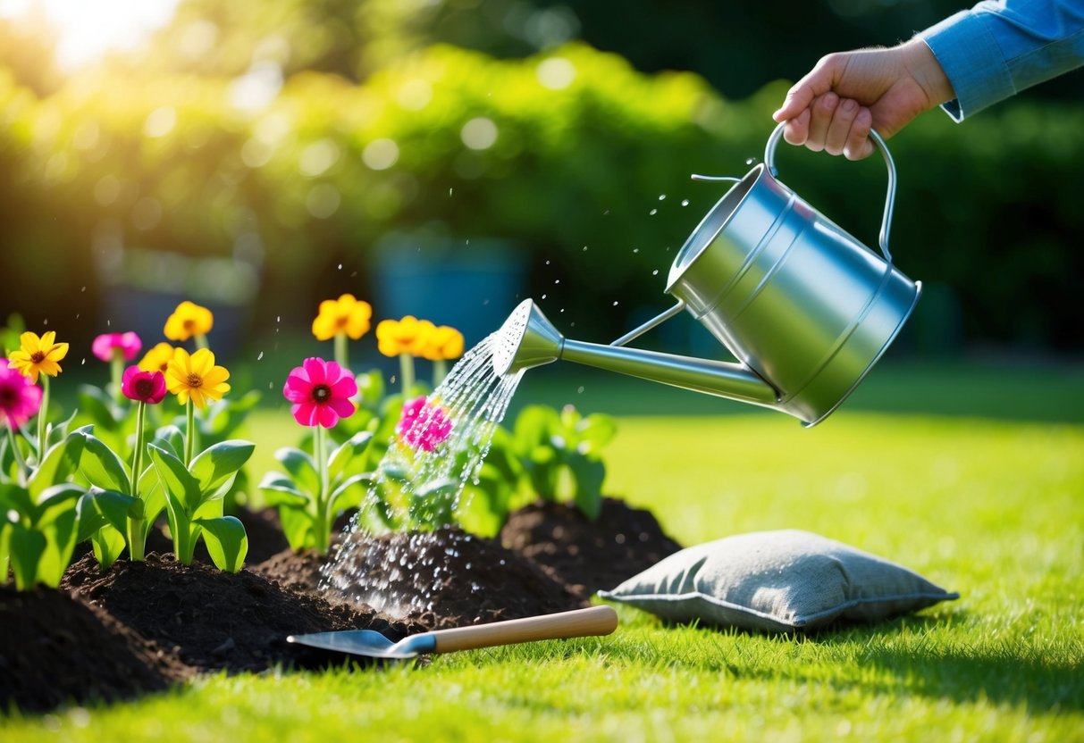 A sunny garden with freshly planted flowers being watered by a watering can. A small shovel and bag of soil sit nearby