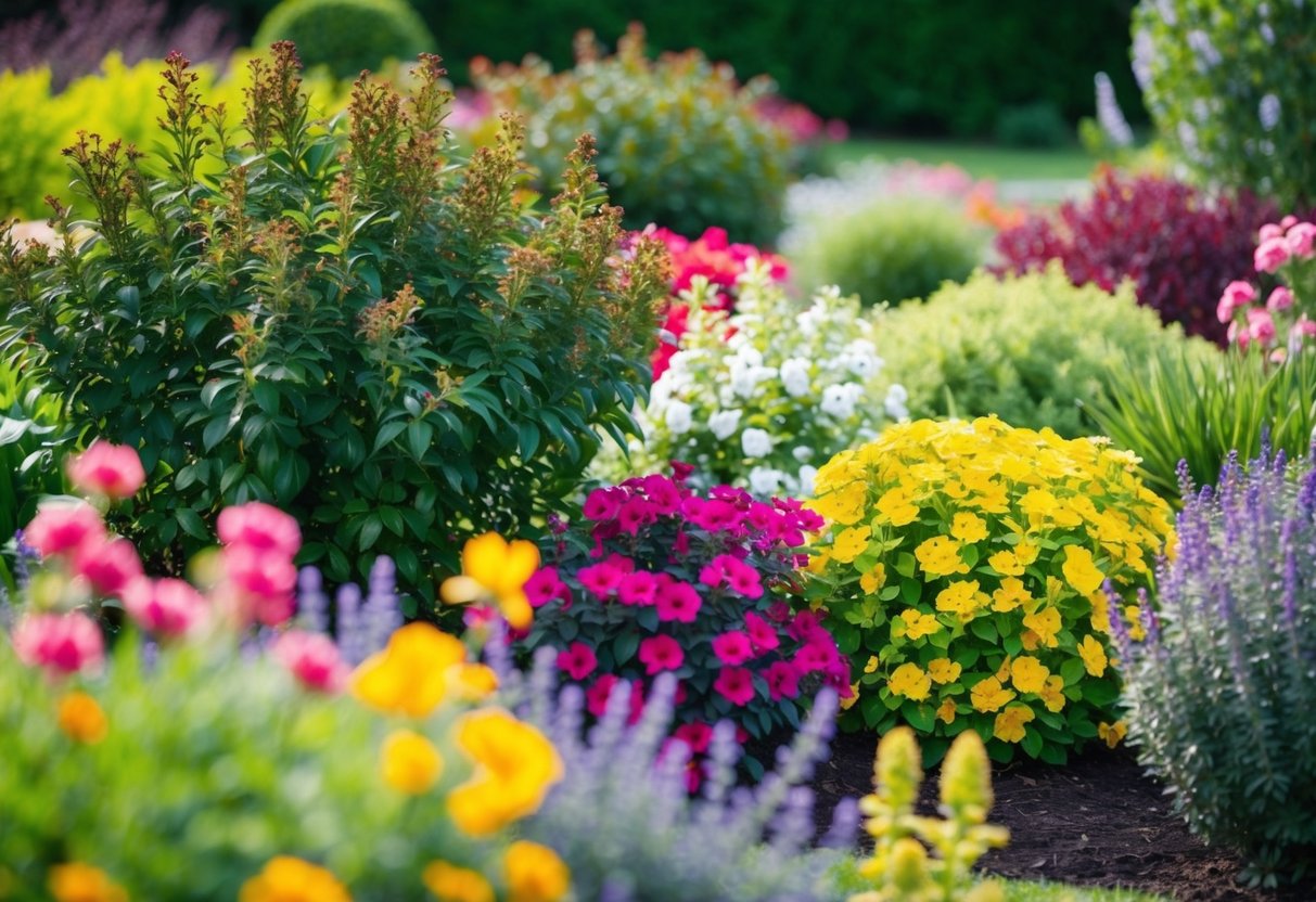 A vibrant garden with a variety of colorful flowering shrubs in full bloom, showcasing the beauty and ease of growing an array of plants for aesthetic appeal