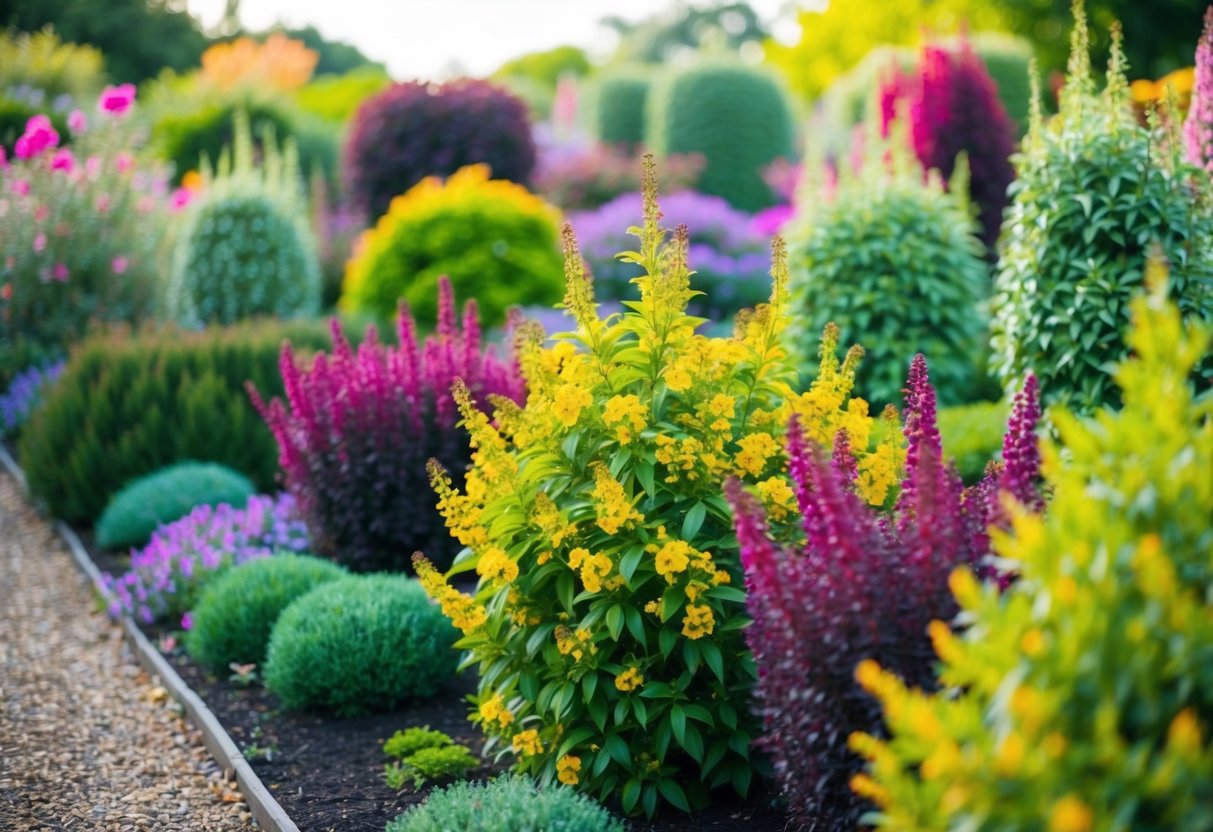 A vibrant garden filled with colorful, long-flowering shrubs in full bloom, showcasing a variety of shapes and sizes