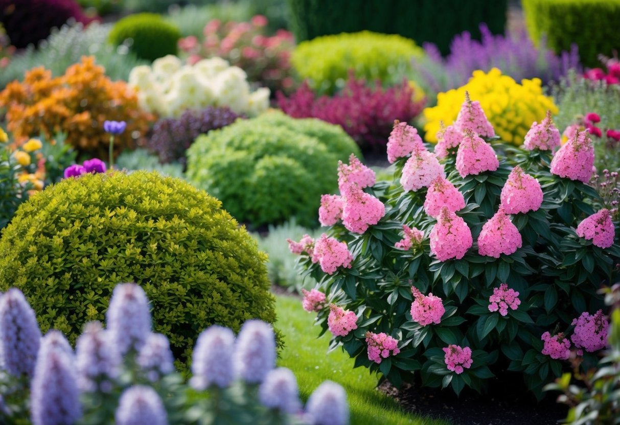 A vibrant garden with a variety of flowering shrubs in full bloom, showcasing different colors and shapes, with a focus on a particularly long-lasting blooming shrub