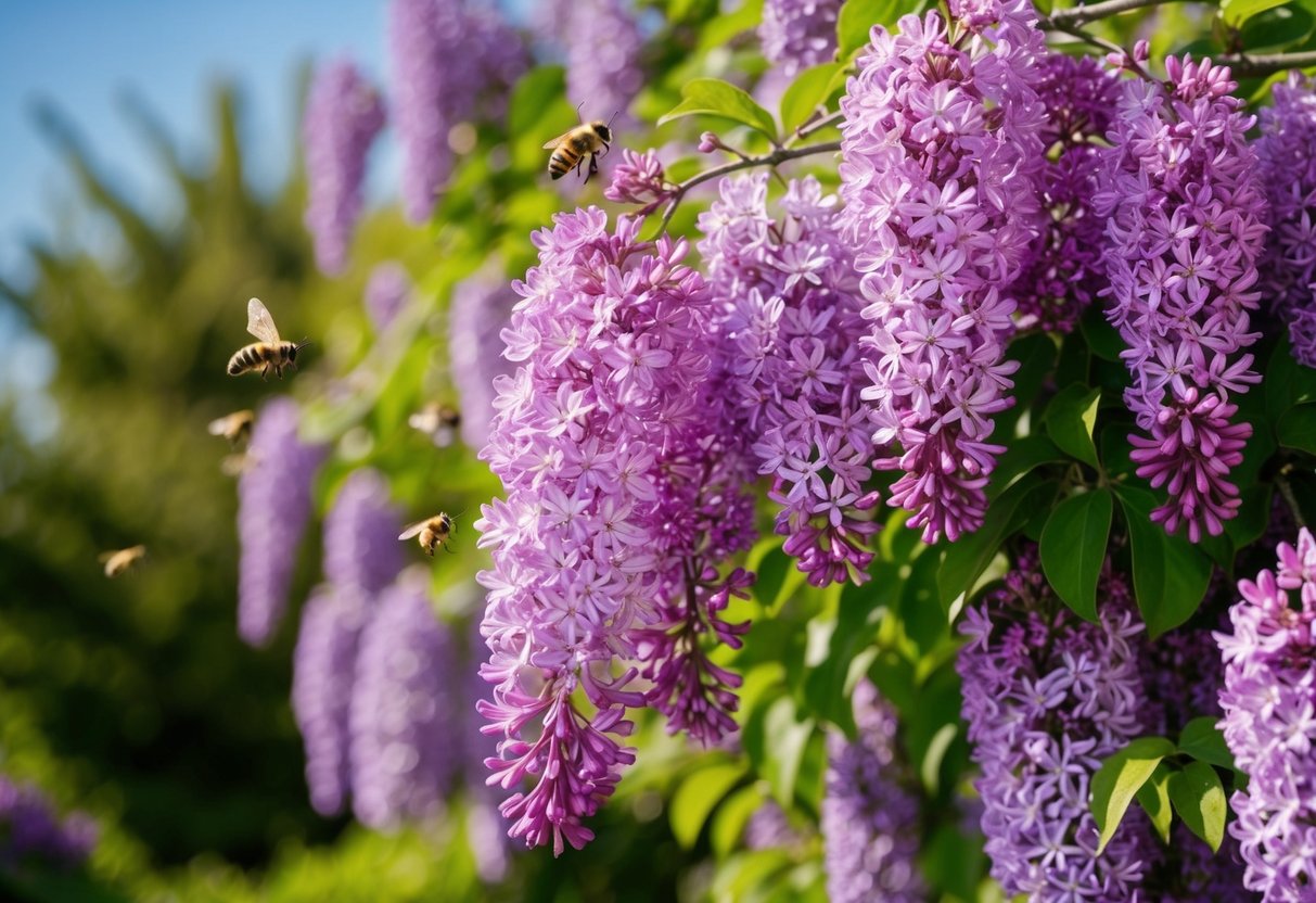 A vibrant, blooming lilac shrub stands tall and full, its delicate purple flowers cascading down the branches, attracting bees and butterflies