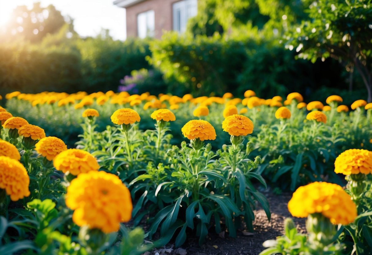 A vibrant garden with rows of marigold flowers in full bloom, surrounded by lush green foliage and bathed in warm sunlight