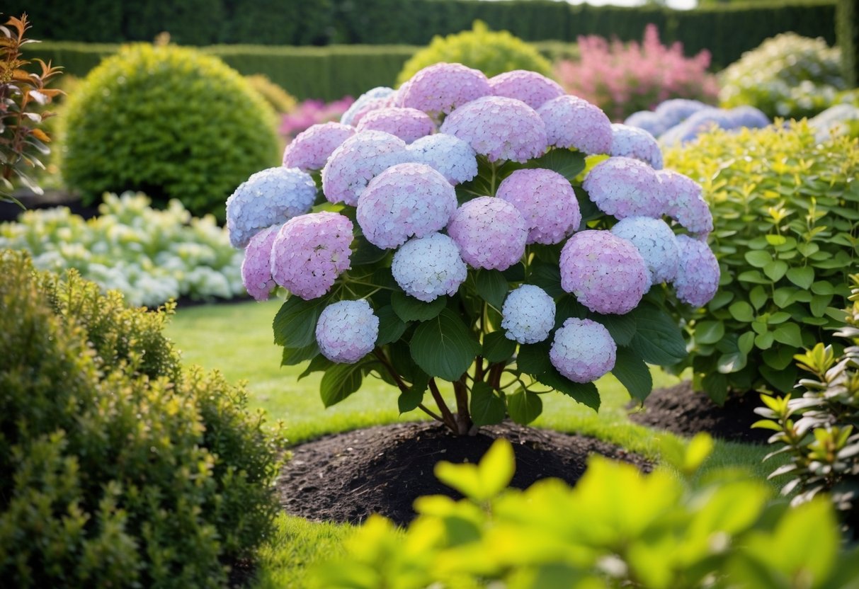 A vibrant garden with a blooming hydrangea bush, surrounded by various shrubs in full bloom, showcasing the longest-lasting flowering shrub