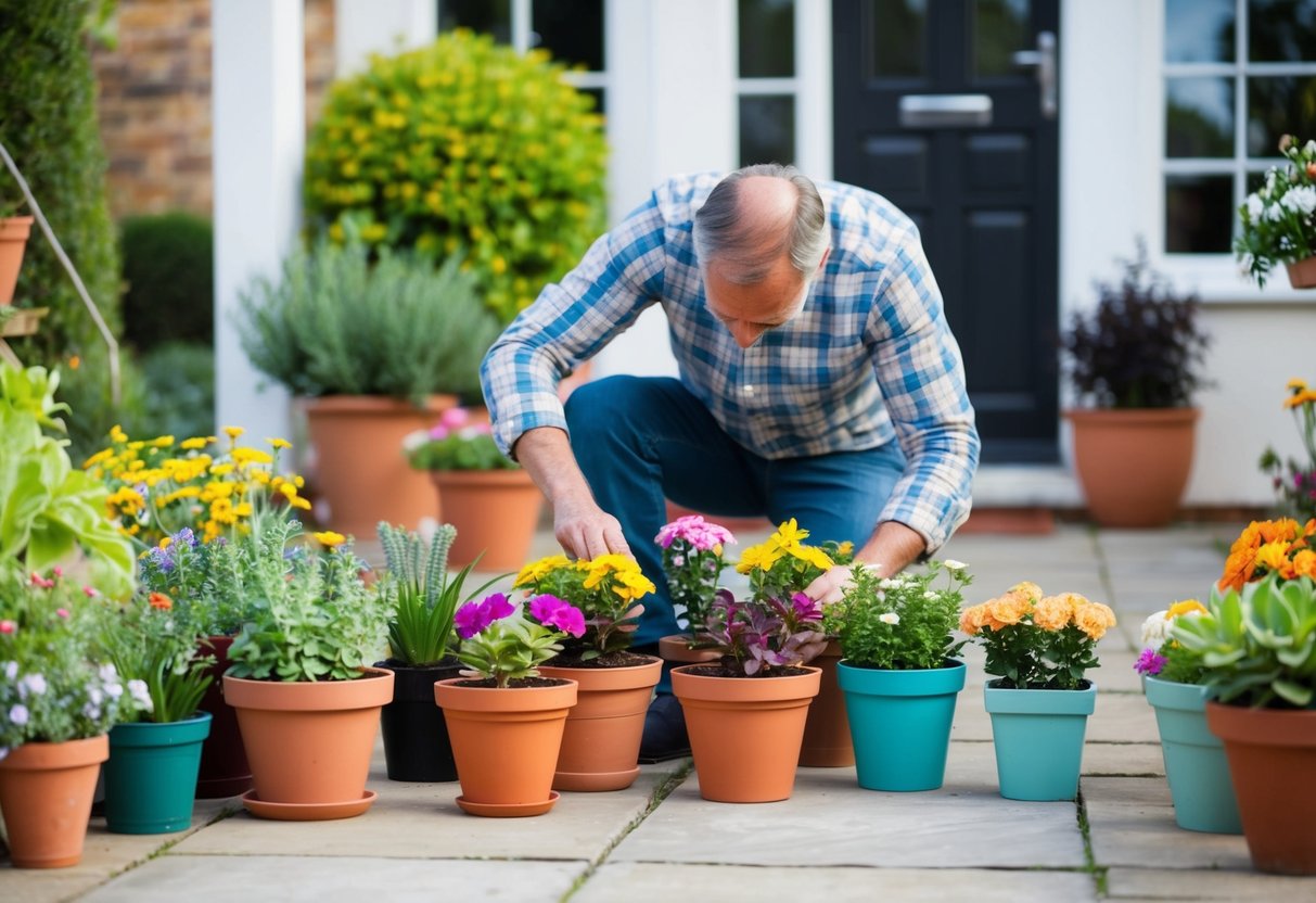 A person arranging various potted plants and flowers in a front garden, carefully considering placement and design