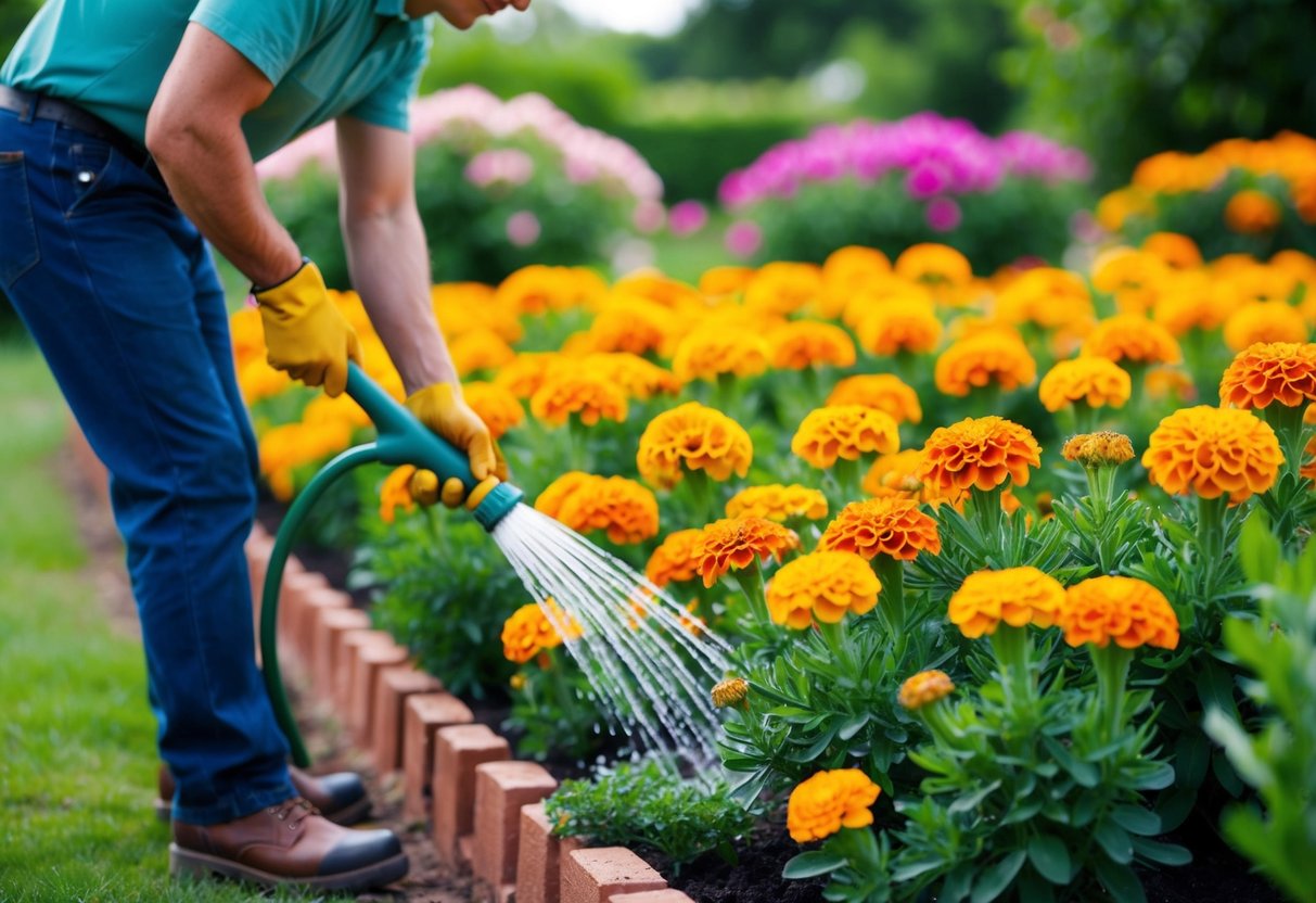 A gardener tending to a vibrant bed of marigolds, watering and pruning to encourage continuous blooming throughout the summer