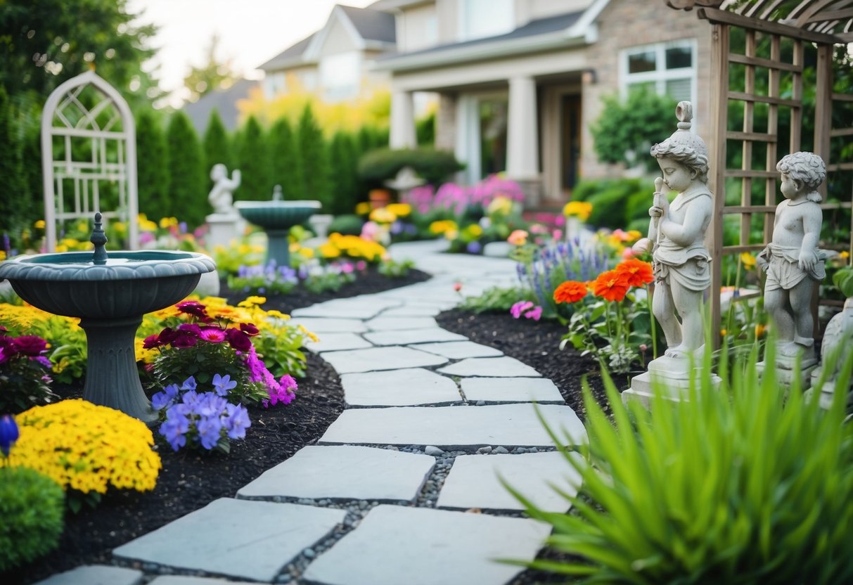 A front garden with a winding stone pathway, surrounded by colorful flowers and decorative elements such as a birdbath, trellis, and ornate garden statues