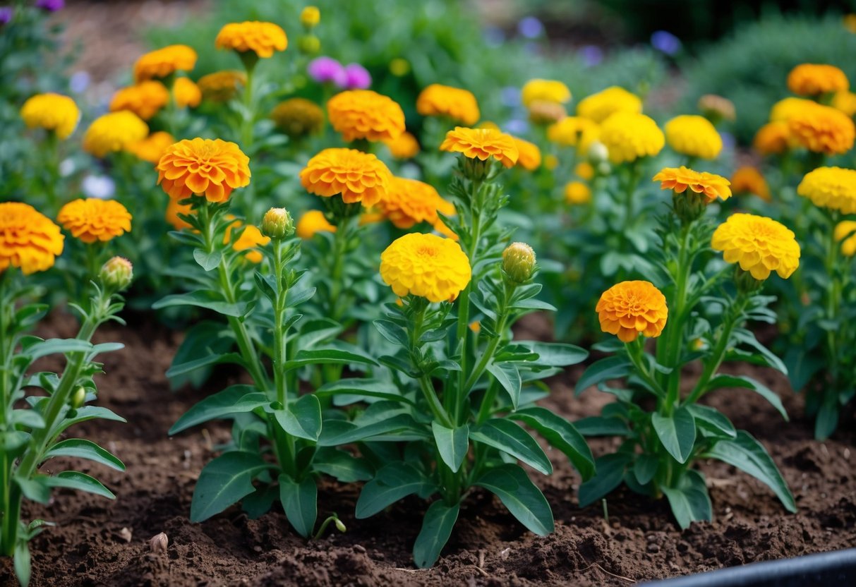 A garden with multiple marigold plants in various stages of blooming, surrounded by rich soil, and receiving regular sunlight and water