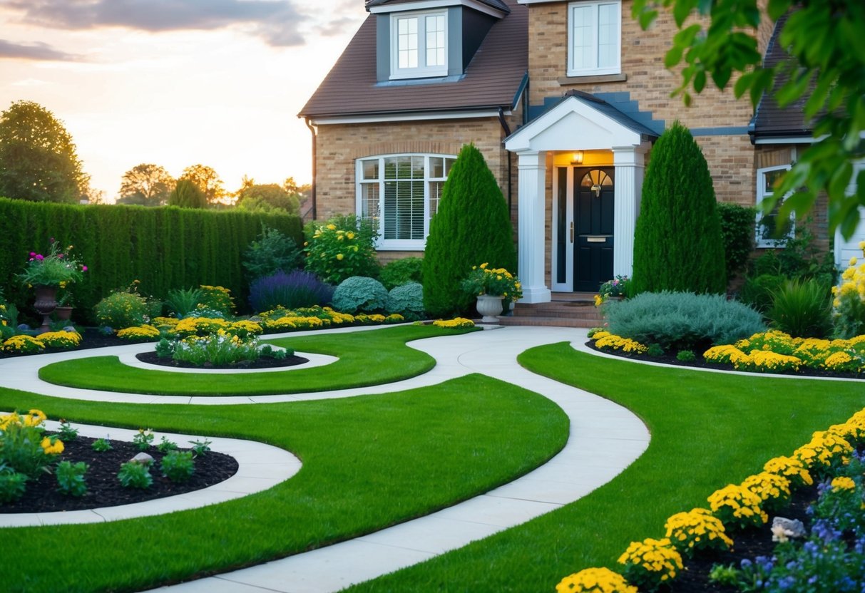 A front garden with winding paths and neatly bordered flower beds, leading to a welcoming entrance of a house