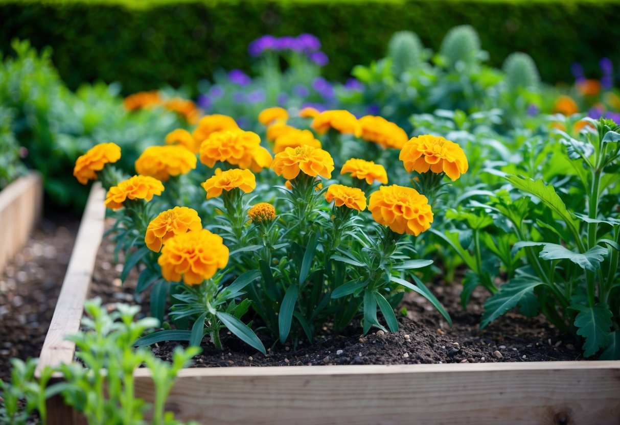 A lush garden bed with marigolds in full bloom surrounded by companion plants, showcasing the benefits of intercropping for pest control and soil health