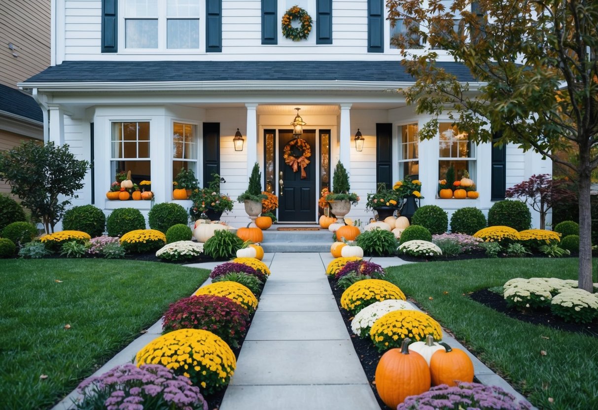 A front garden with neatly arranged plants and flowers, a pathway leading to the entrance, and seasonal decorations such as pumpkins or holiday lights