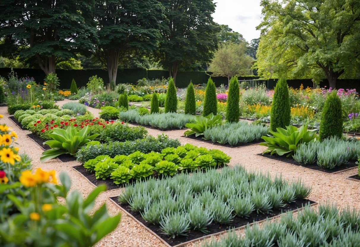 A garden with a variety of plants arranged in rows and clusters, with pathways weaving through the greenery. Tall trees provide shade while colorful flowers add pops of color