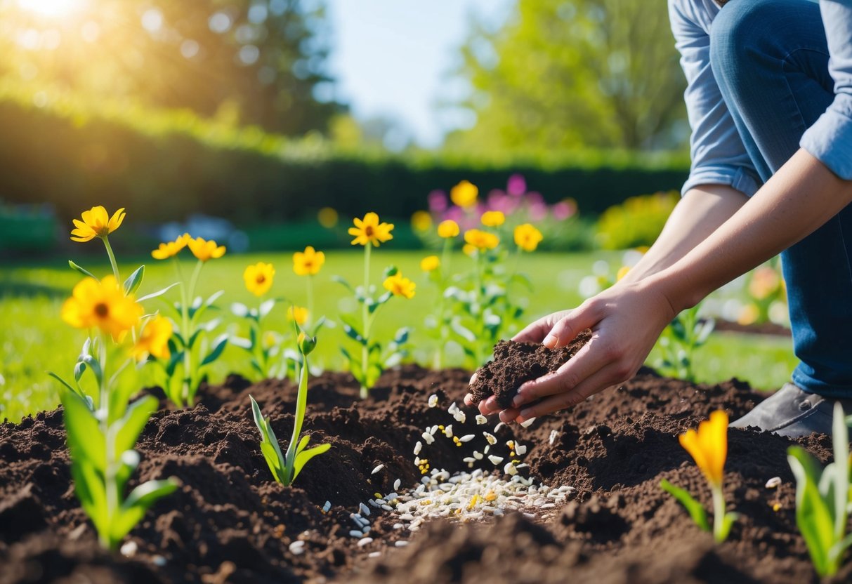 A sunny spring day in a garden, with a person preparing the soil and scattering wildflower seeds onto the rich, dark earth