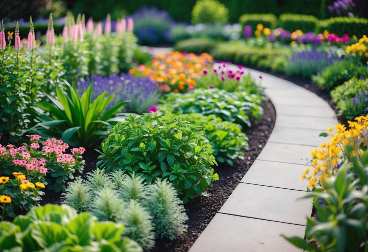 A garden with a variety of plants arranged in clusters and rows, with colorful flowers, lush green foliage, and winding pathways