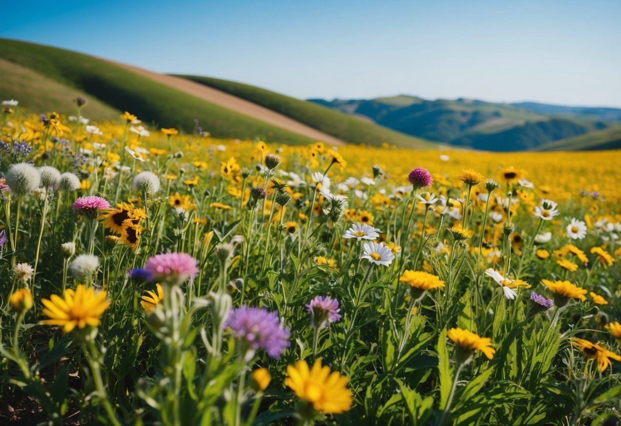 A sunny field with a variety of wildflowers in bloom, surrounded by rolling hills and a clear blue sky