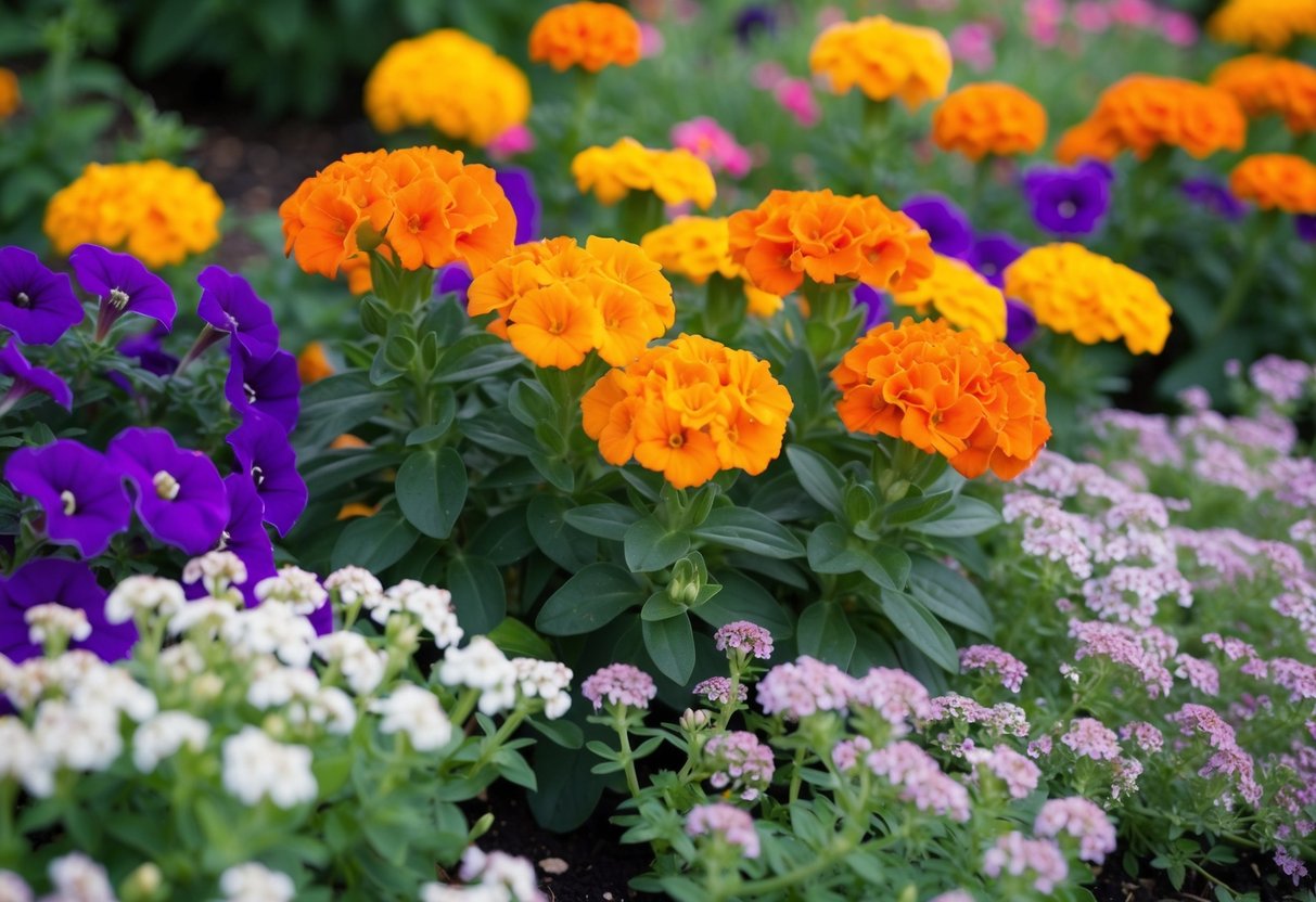 Bright orange marigolds surrounded by vibrant purple petunias and delicate white alyssum, creating a colorful and lively garden bed