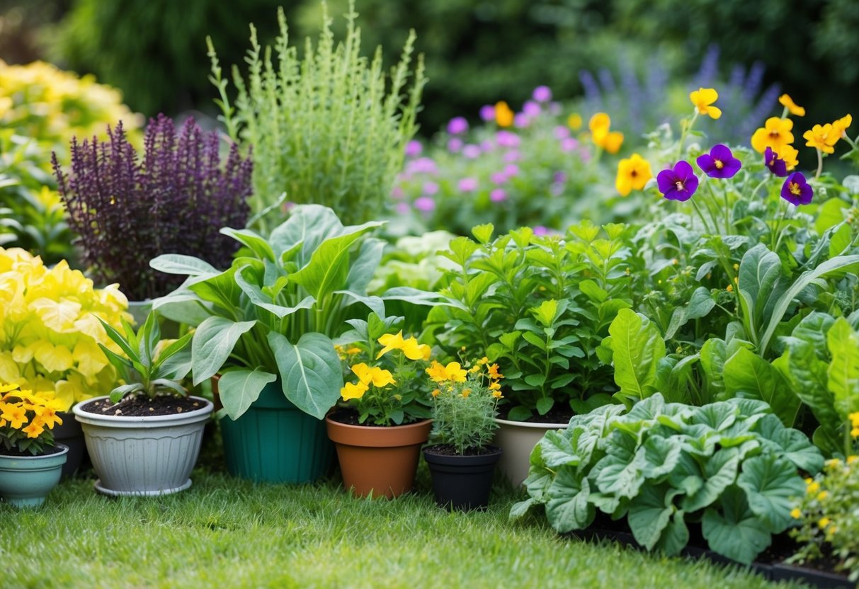 A garden with diverse plants arranged in a sustainable manner, utilizing companion planting and natural pest control methods