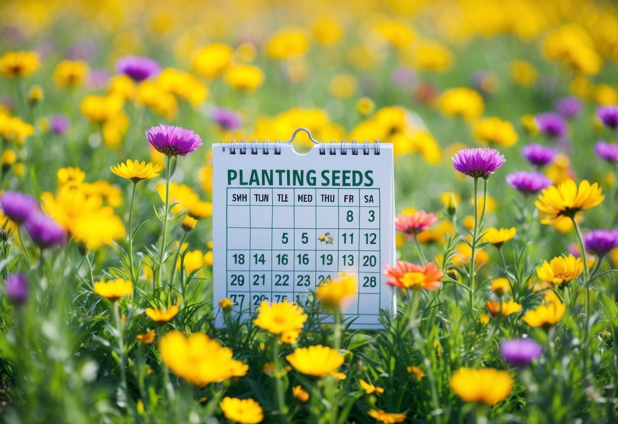 A sunny field with colorful wildflowers blooming, surrounded by a calendar showing the best month for planting seeds