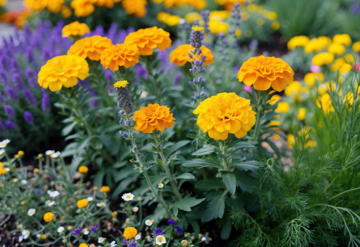 Marigolds bloom alongside lavender, chamomile, and dill in a vibrant garden bed