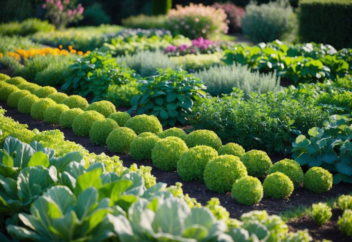 A lush garden with a variety of plants arranged in neat rows and clusters, with a mix of flowers, shrubs, and vegetables creating a harmonious and balanced composition