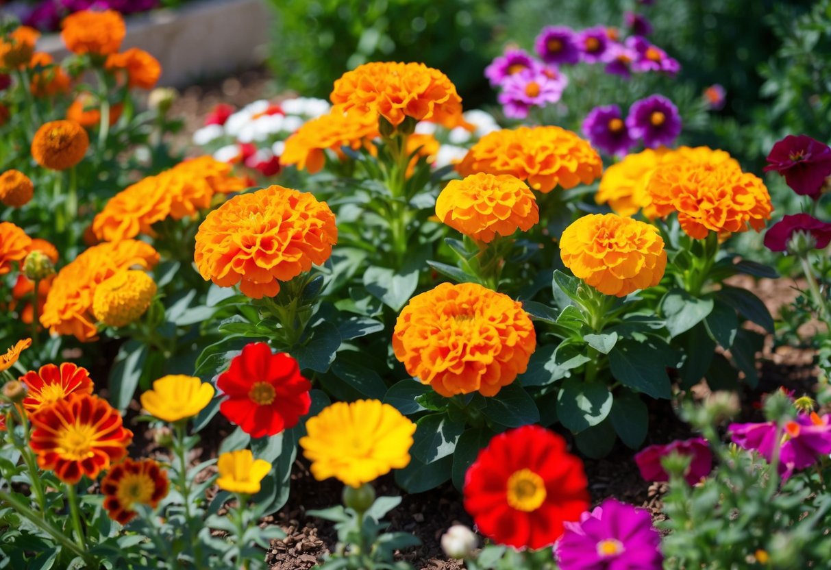 Marigolds surrounded by vibrant zinnias, cosmos, and nasturtiums in a sunny garden bed