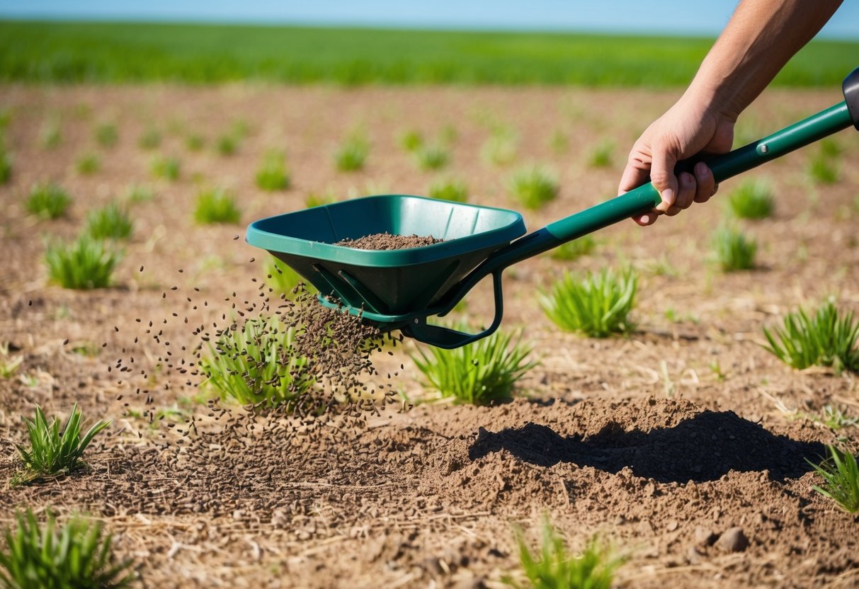 A sunny field with scattered wildflower seeds being sown in the soil by a hand-held seed spreader. The sky is clear and the ground is dry