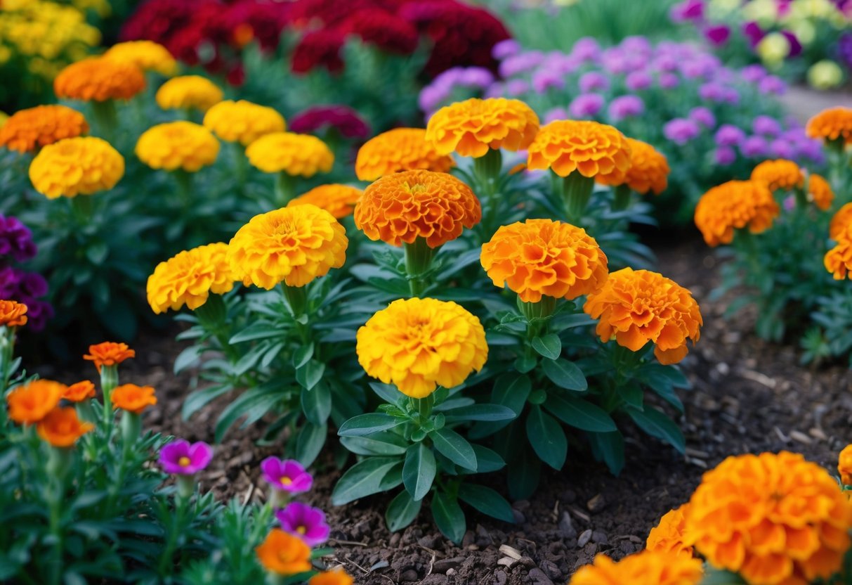 Healthy marigolds surrounded by vibrant, complementary flowers in a garden bed