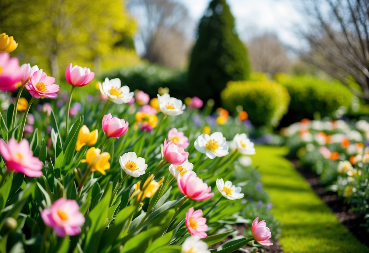 A garden with blooming flowers in spring, surrounded by greenery and trees