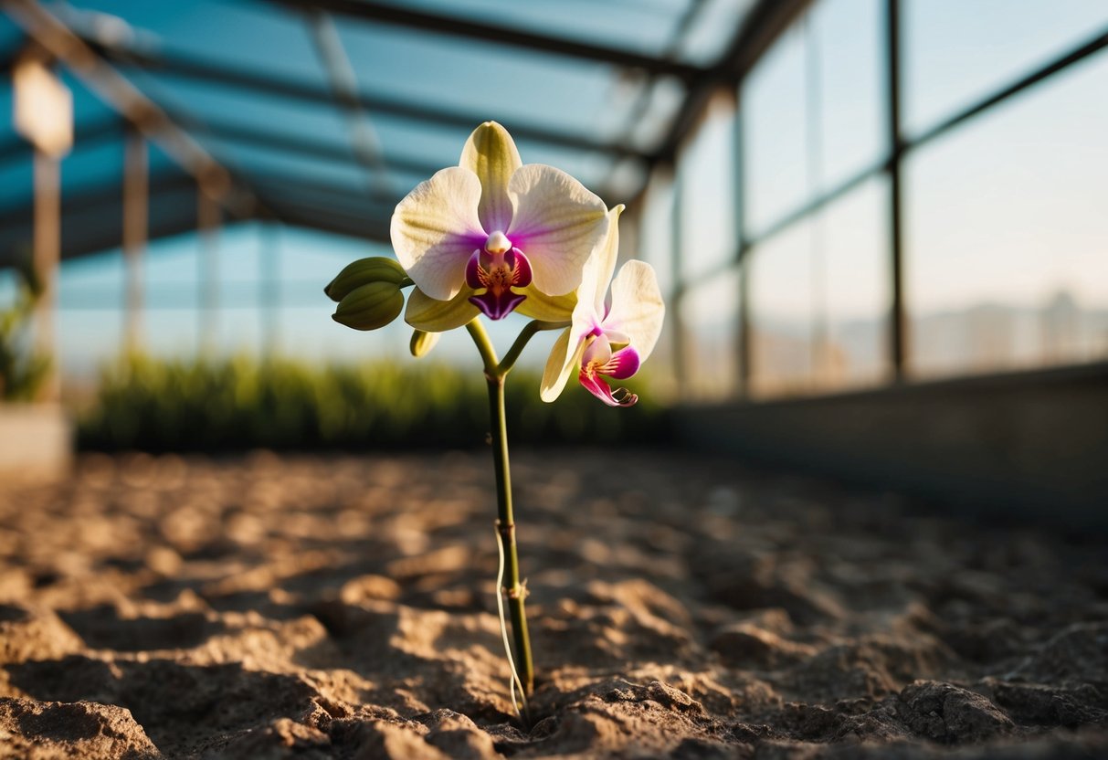 A delicate orchid wilting in a dry, sun-scorched greenhouse