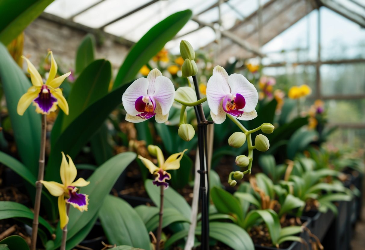 A delicate, rare orchid struggles to bloom in a lush, overgrown greenhouse, surrounded by wilting, failed attempts at other flowers