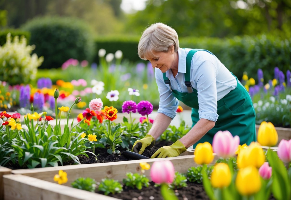 A gardener carefully selecting and planting colorful flowers in a lush garden bed during the springtime in the UK