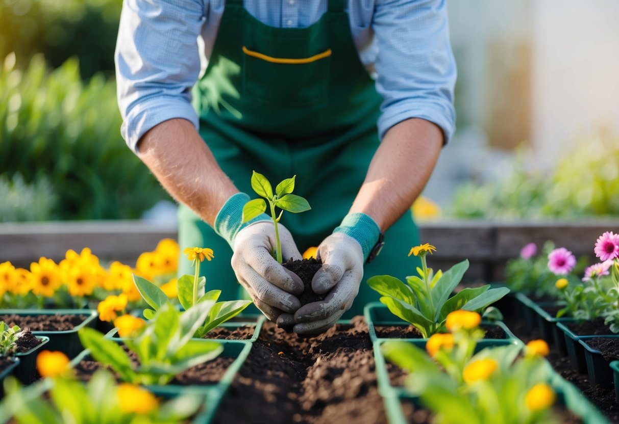 A gardener expertly plants flower seeds in nutrient-rich soil, carefully watering and tending to them for quick growth