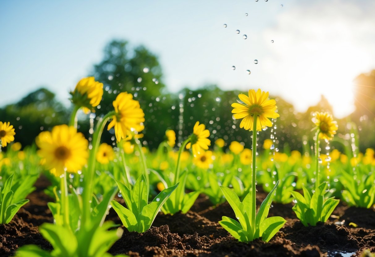 A bright, sunlit garden with rich, fertile soil and a gentle, warm breeze. Water droplets glisten on vibrant, healthy flowers reaching towards the sky