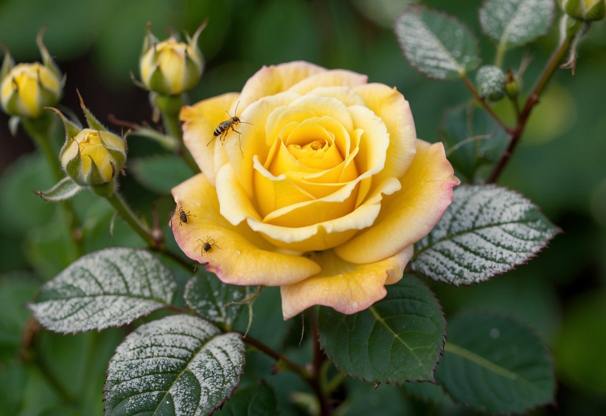 A wilted, yellowing rose bush surrounded by aphids and powdery mildew