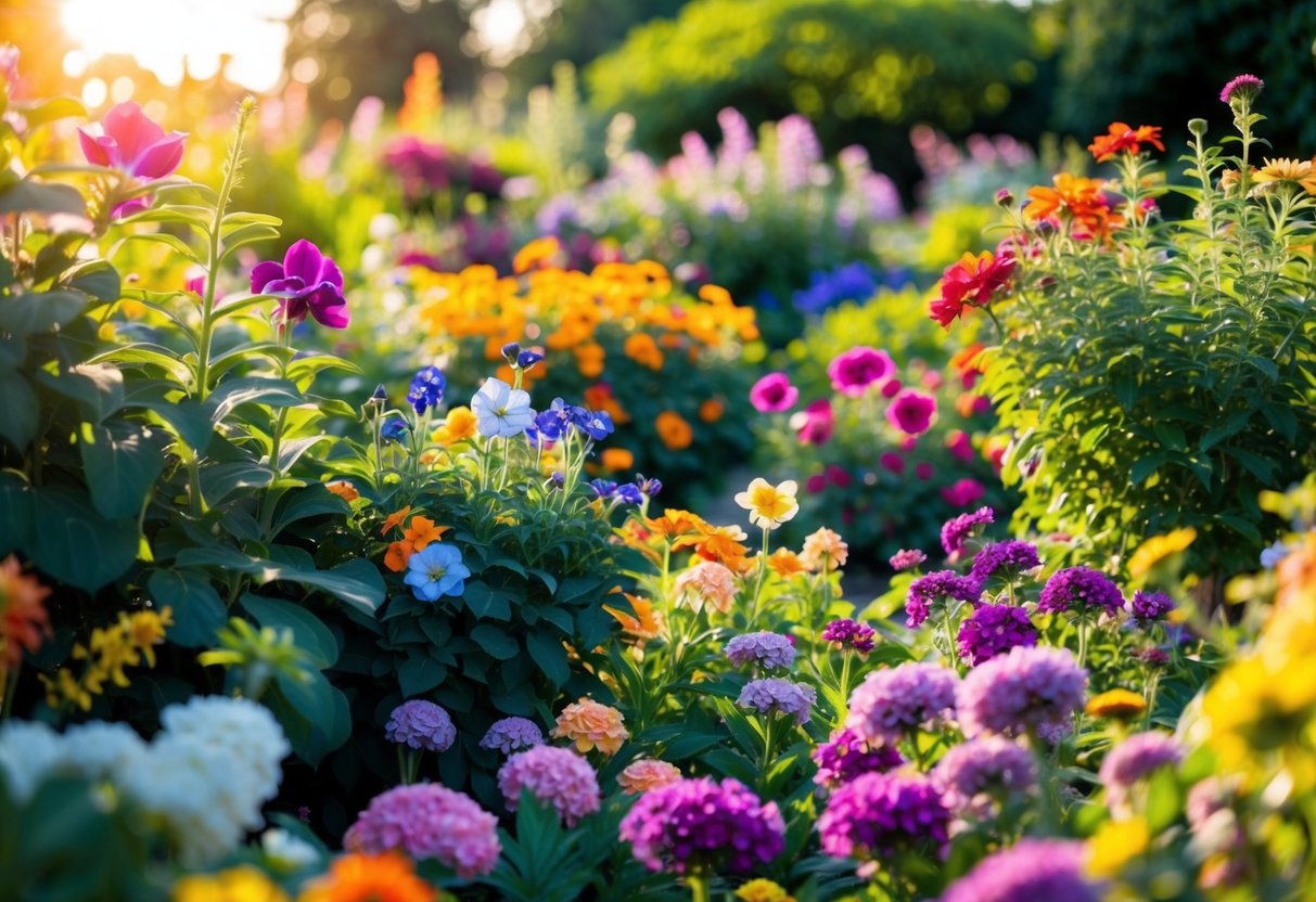 A garden filled with vibrant, blooming flowers of various colors and sizes, surrounded by lush green foliage and bathed in warm sunlight