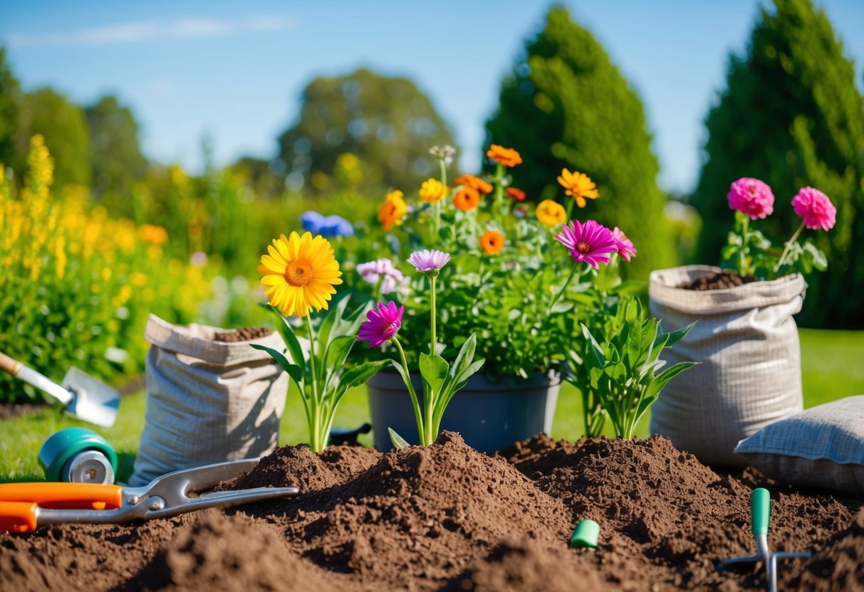 A sunny garden with a variety of flowers being planted in the soil, surrounded by gardening tools and bags of soil, set against a backdrop of greenery and a clear blue sky