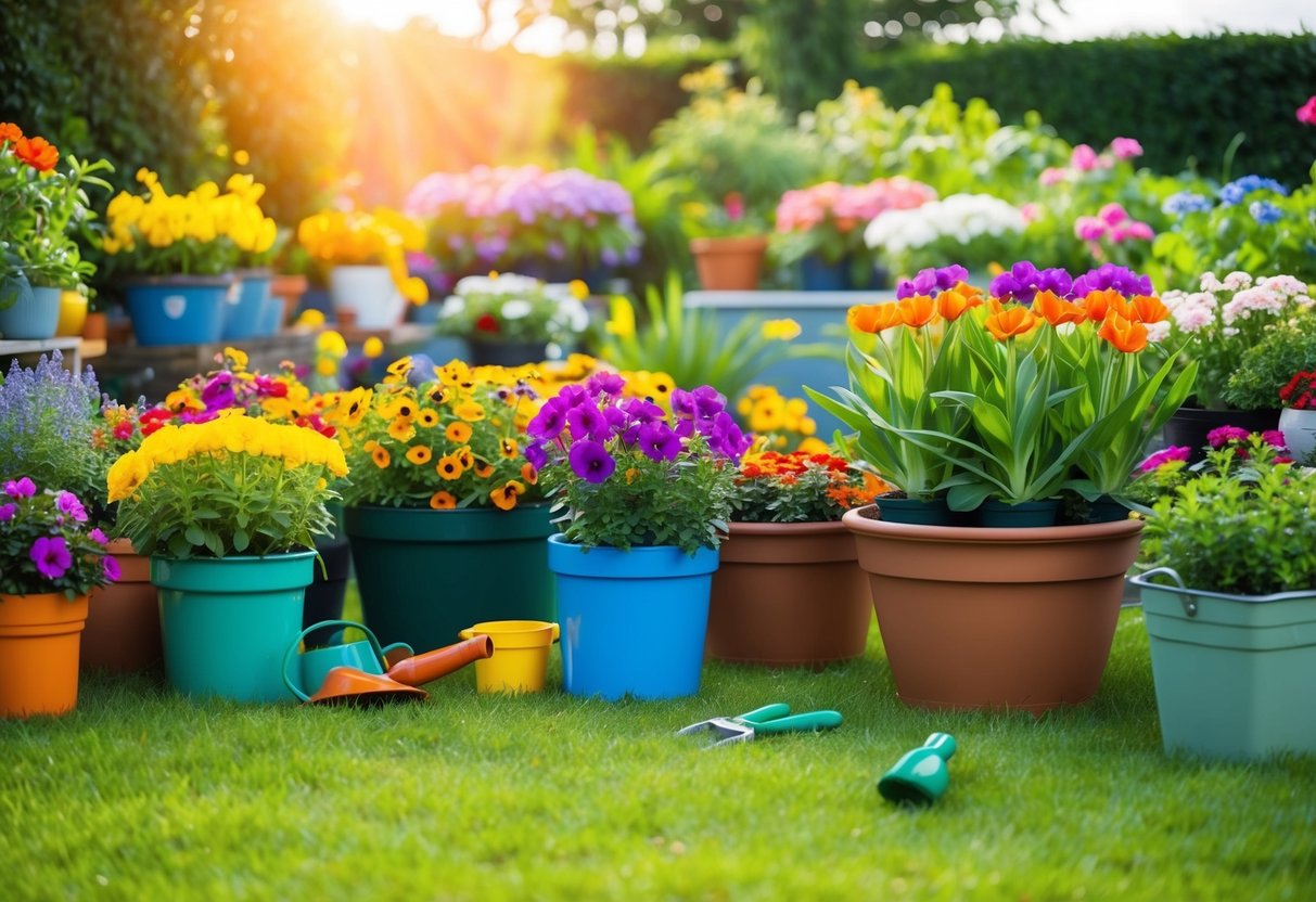 A colorful array of flowers blooming in a lush garden, with a variety of planters and gardening tools scattered around