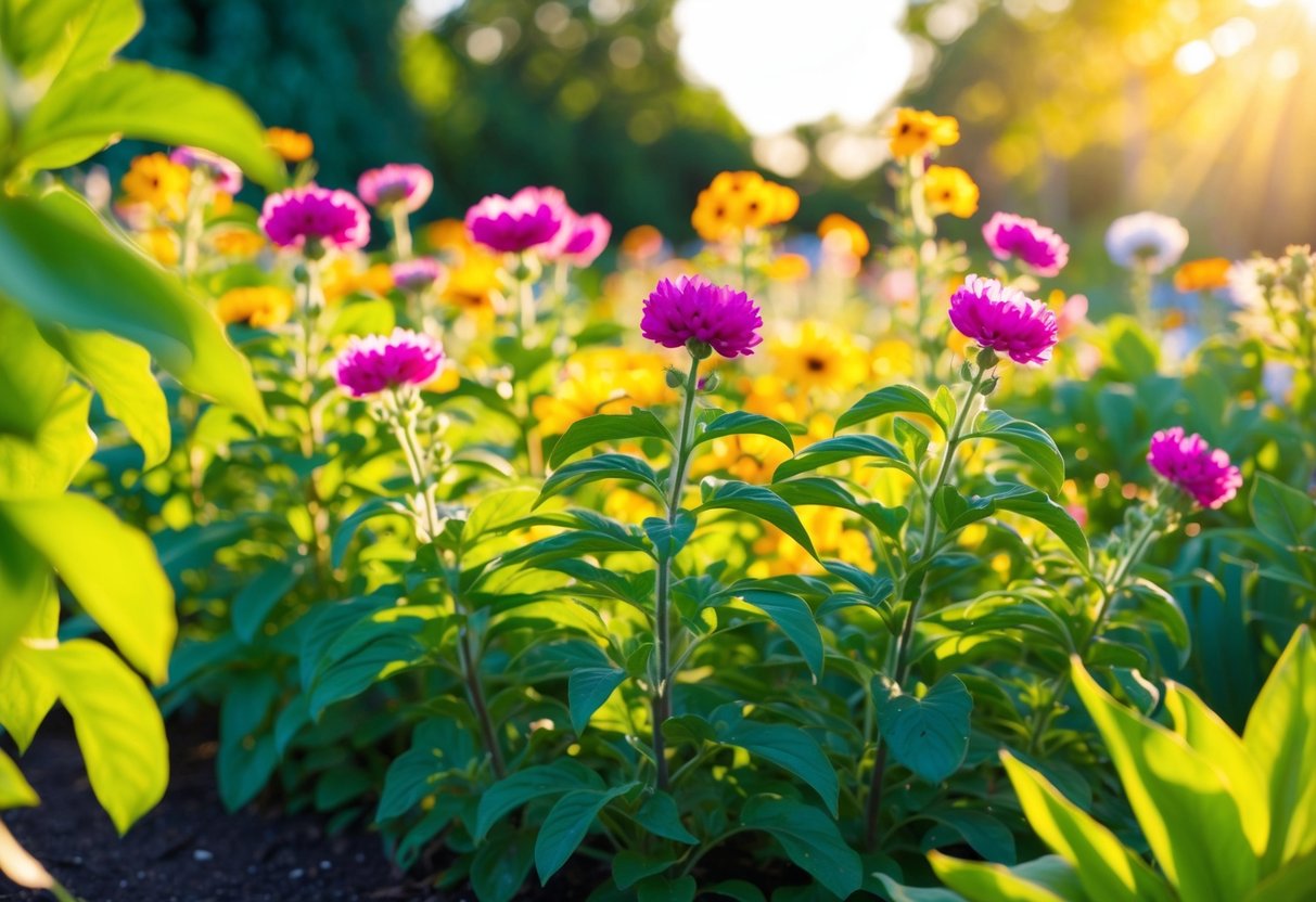 A vibrant garden with flowers rapidly blooming, surrounded by healthy green plants and bathed in warm sunlight